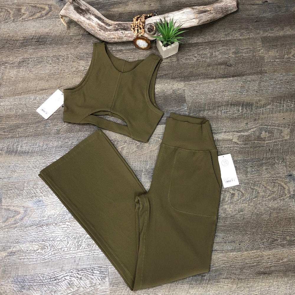 Sage Collective Olive Green Racer Rib Sports Bra & Wide Leg Pants Set NWT